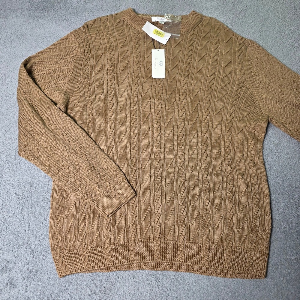Turnbury Mens Large Sweater Tan Mercerized Cotton Cable Knit Crew Neck Pullover